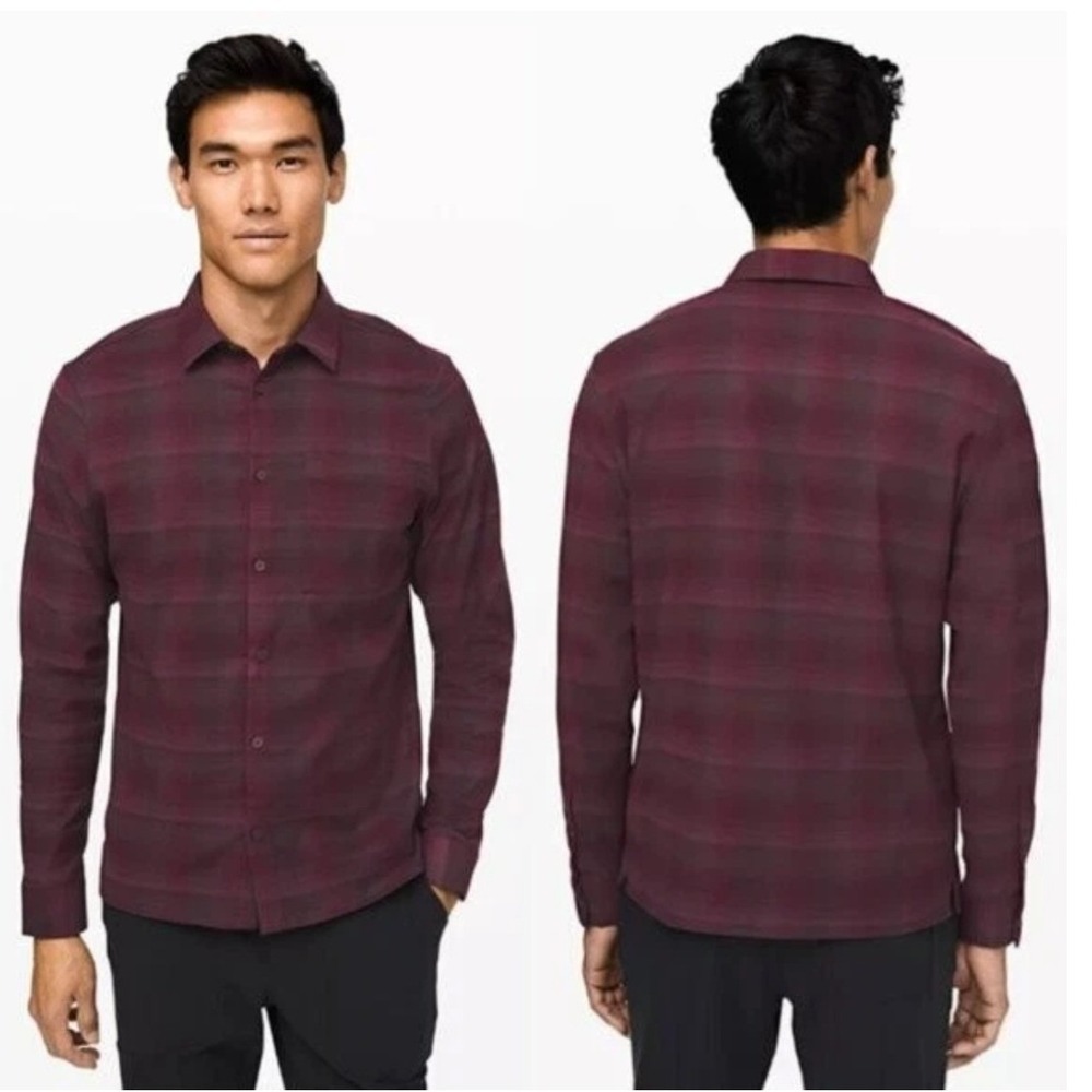 Lululemon Flannel Masons Peak Men S Burgundy Plaid Long Sleeve Button Down Shirt